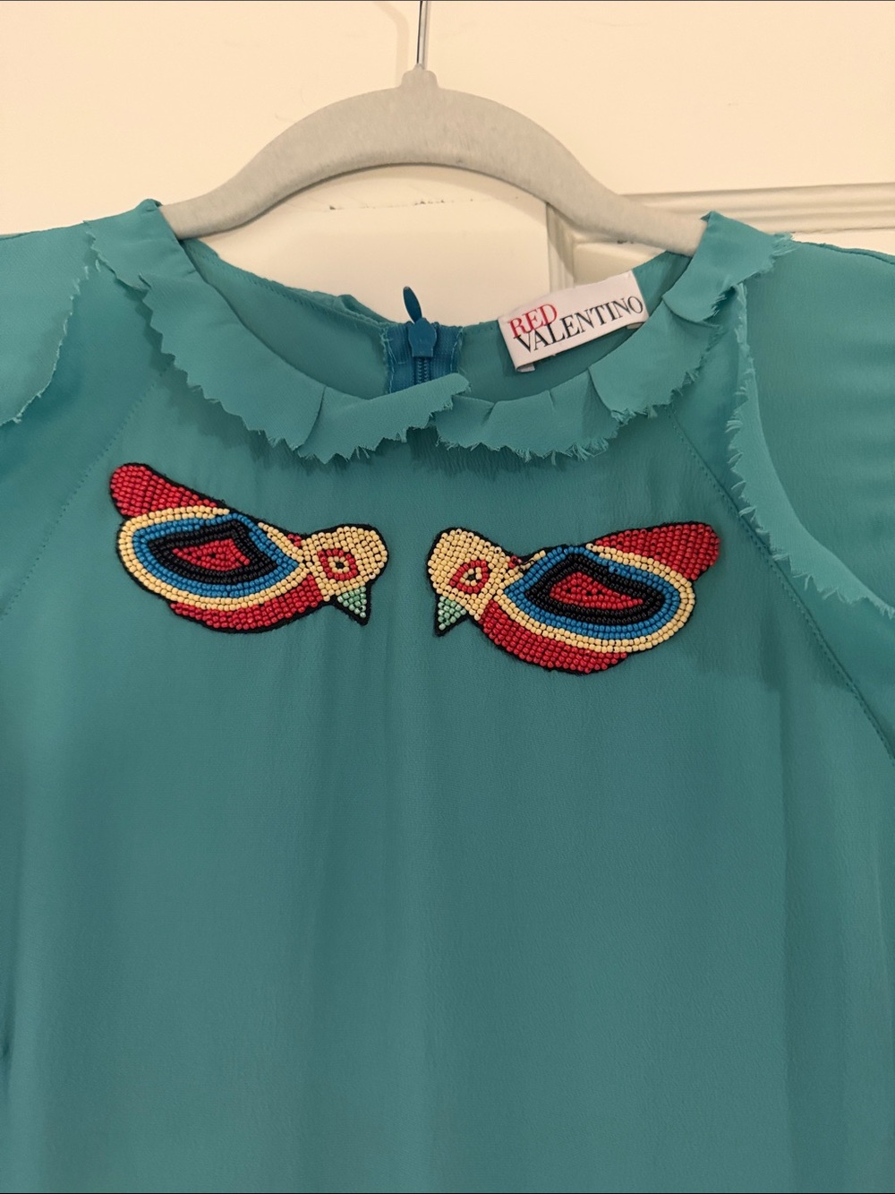 RED Valentino Teal Chiffon style dress with Beaded Bird Appliqués - Picture 2 of 2